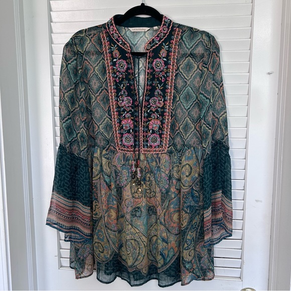 Soft Surroundings Boho Empire Waist Tassel Blouse Green Beaded Pink Flowey Med - Picture 7 of 9